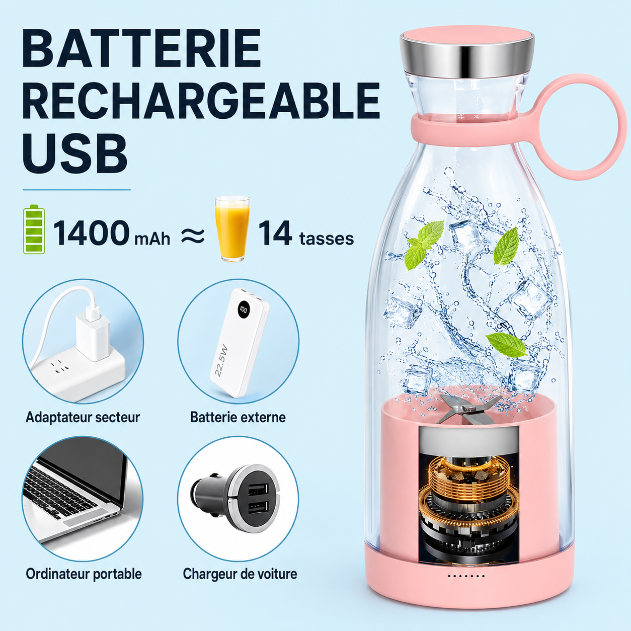 Gourde Mixeur Portable – Jus & Smoothies en 30 Secondes