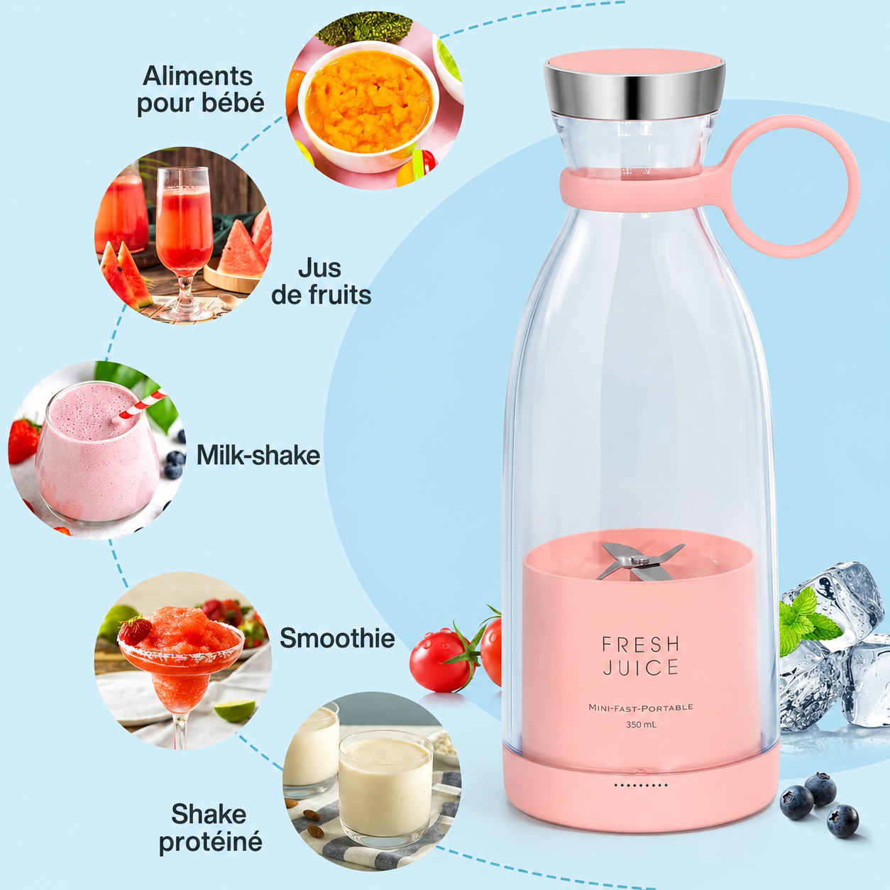Gourde Mixeur Portable – Jus & Smoothies en 30 Secondes